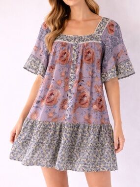Umgee Medium Boho Floral Dress Rose Print Tiered Babydoll Flowy Cottagecore